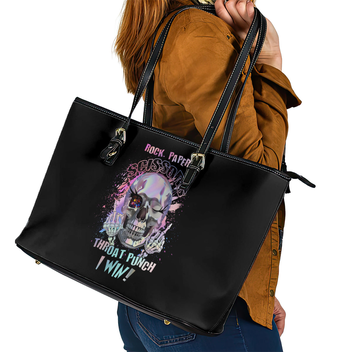 Rock Paper Throat Punch I Win Leather Tote Bag TS04