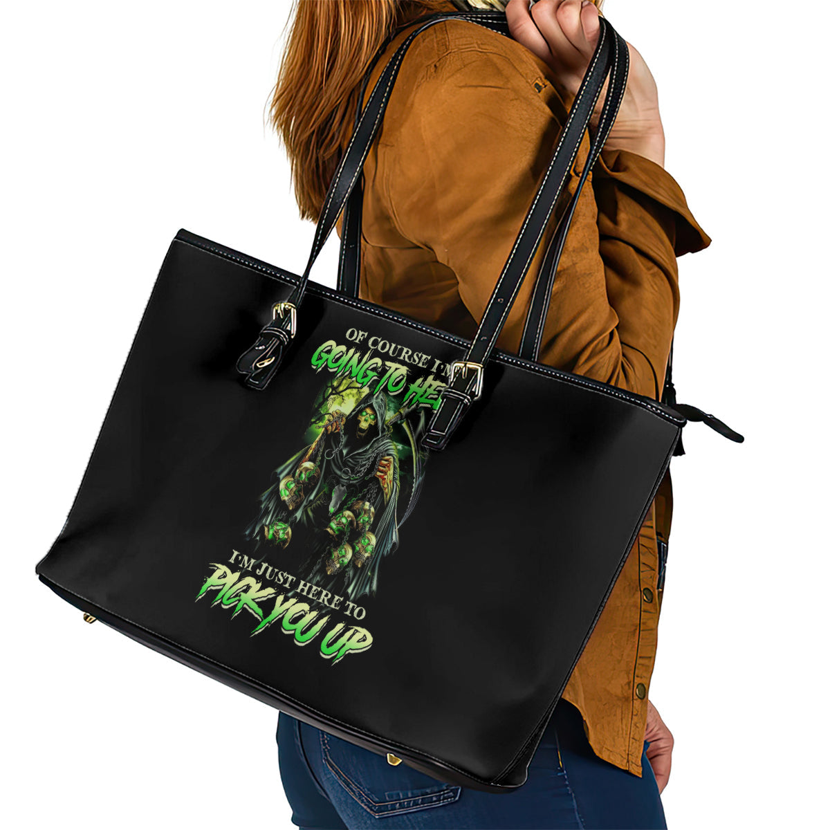 Of Course I'm Going To Hell Skull Leather Tote Bag TS04