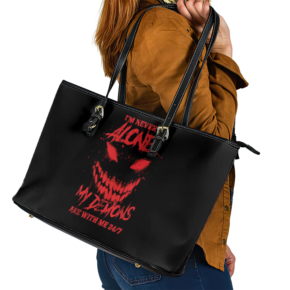 I'm Never Alone My Demon Are With Me Leather Tote Bag TS04