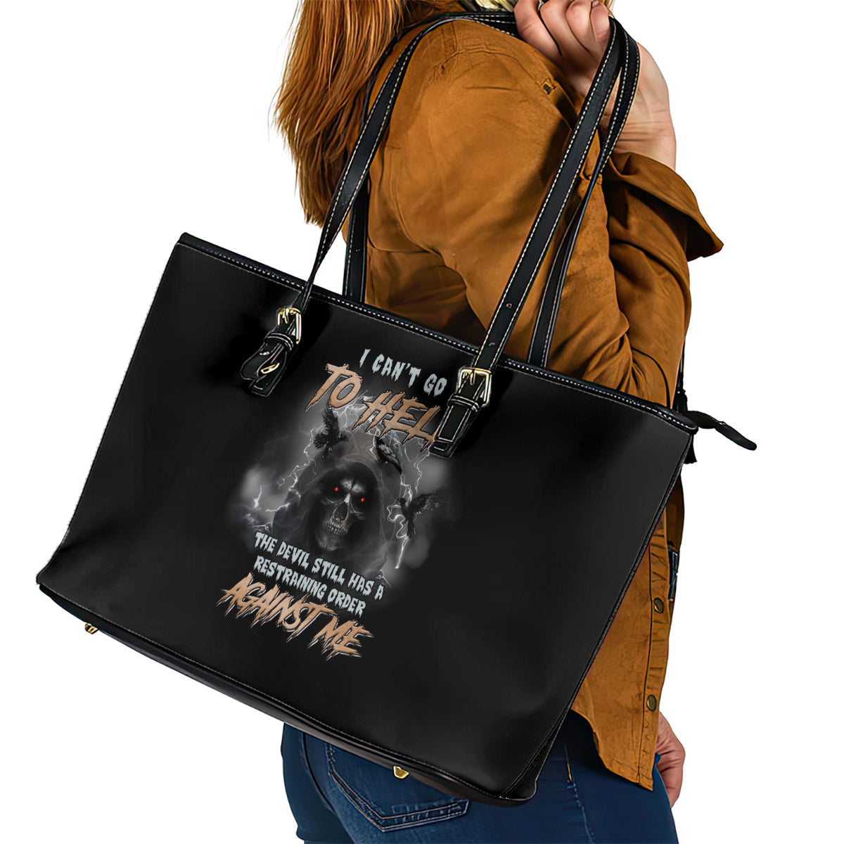 I Can't Go To Hell Reaper Bat Leather Tote Bag TS04