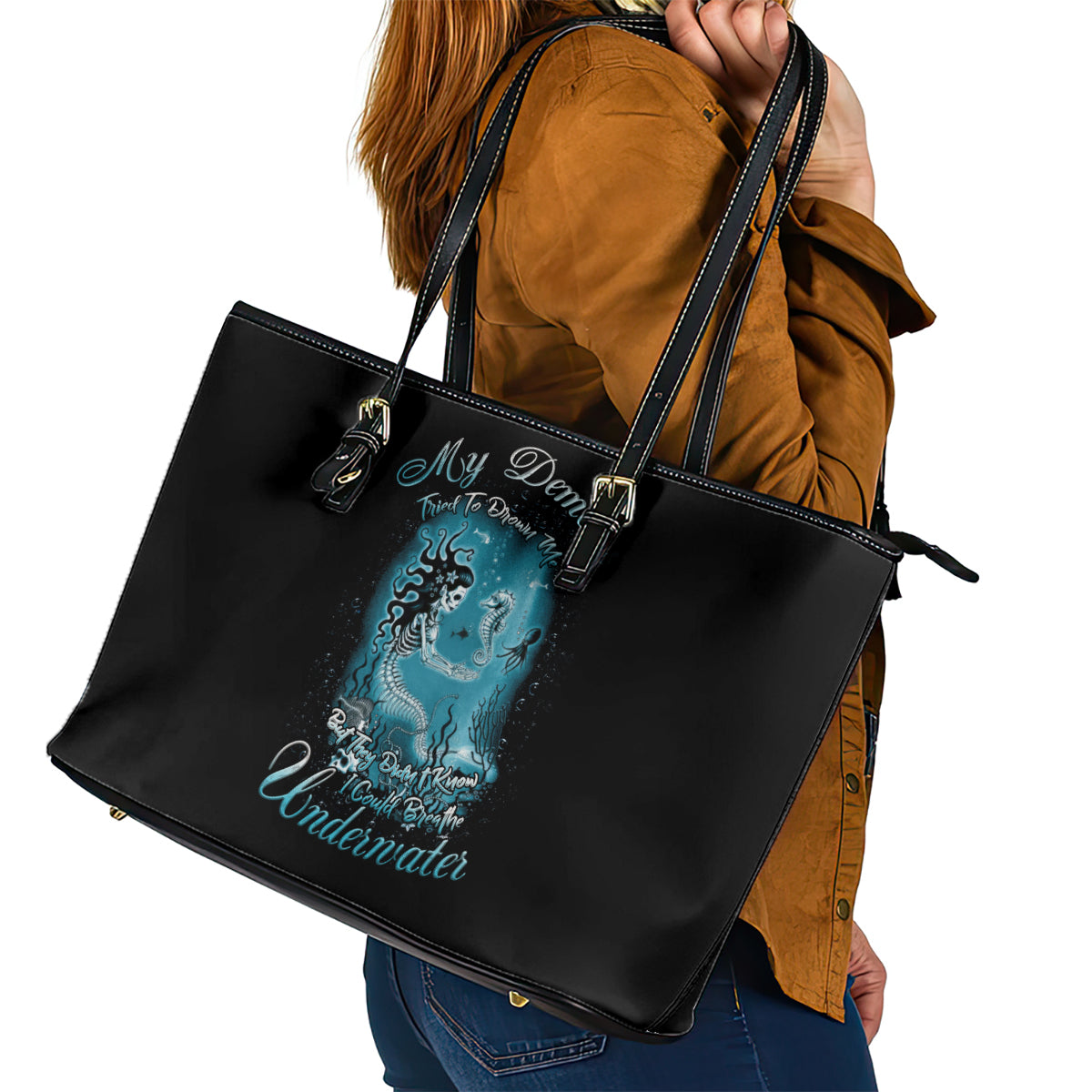 My Demons Tried To Drown Me Mermaid Leather Tote Bag TS04