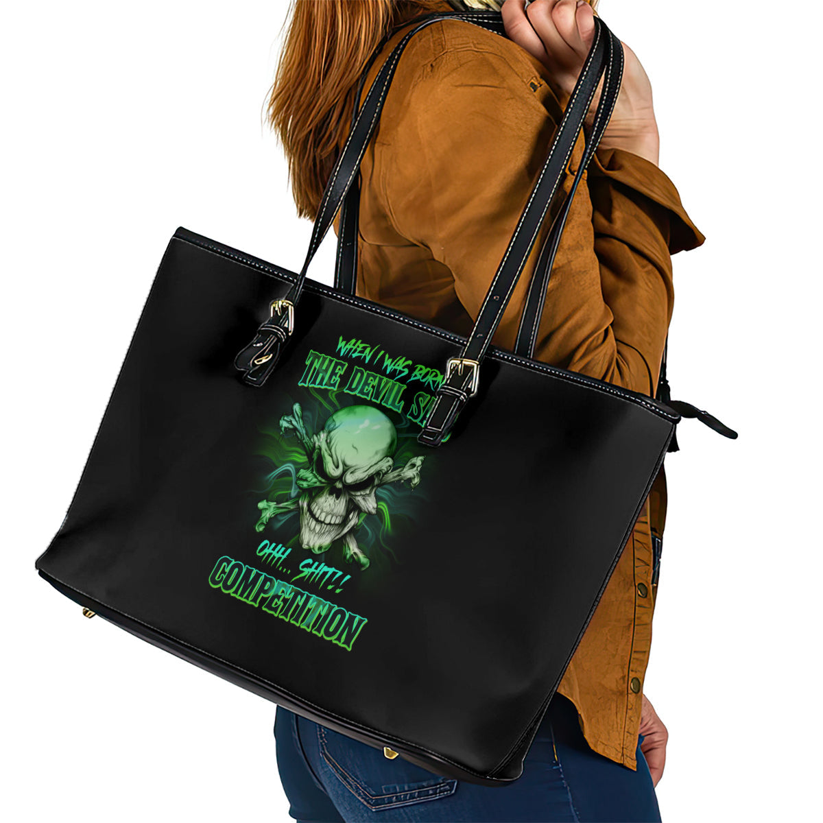 When I Was Born Mad Skull Leather Tote Bag TS04