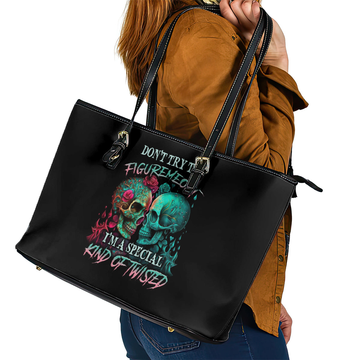 Don't Try To Figure Me Out Skull Leather Tote Bag TS04