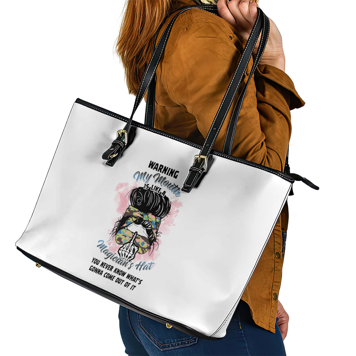 Warning My Mouth Messy Bun Leather Tote Bag TS04
