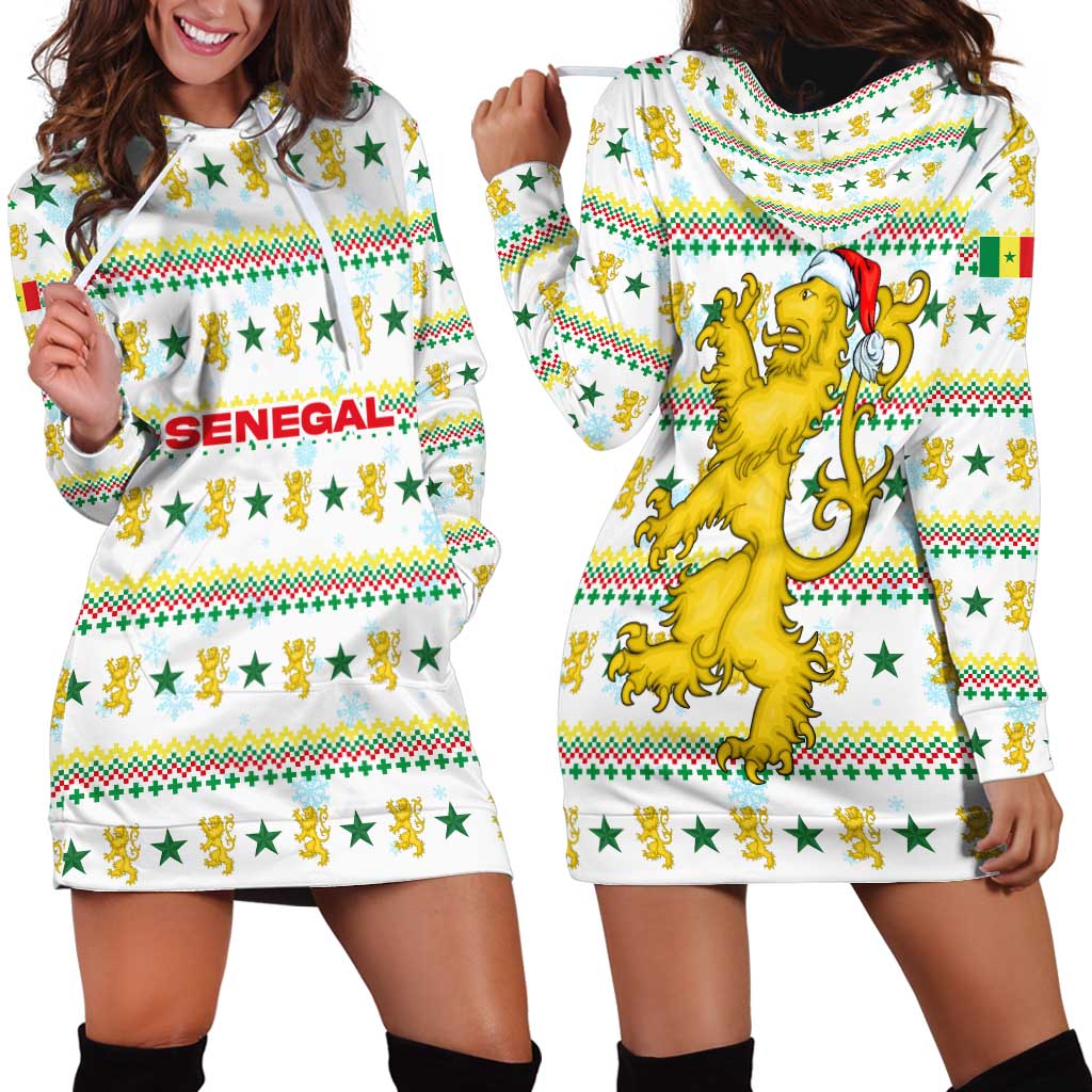 Senegal Christmas Hoodie Dress with White-Green-Yellow Design, Golden Lion, and Festive Stars Motif TS04