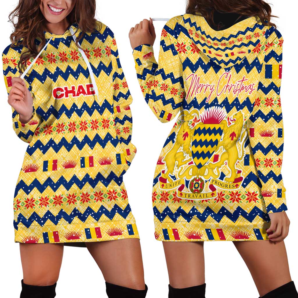 Chad Christmas Hoodie Dress with Yellow-Blue Geometric Design, National Coat of Arms, and Festive Motif TS04