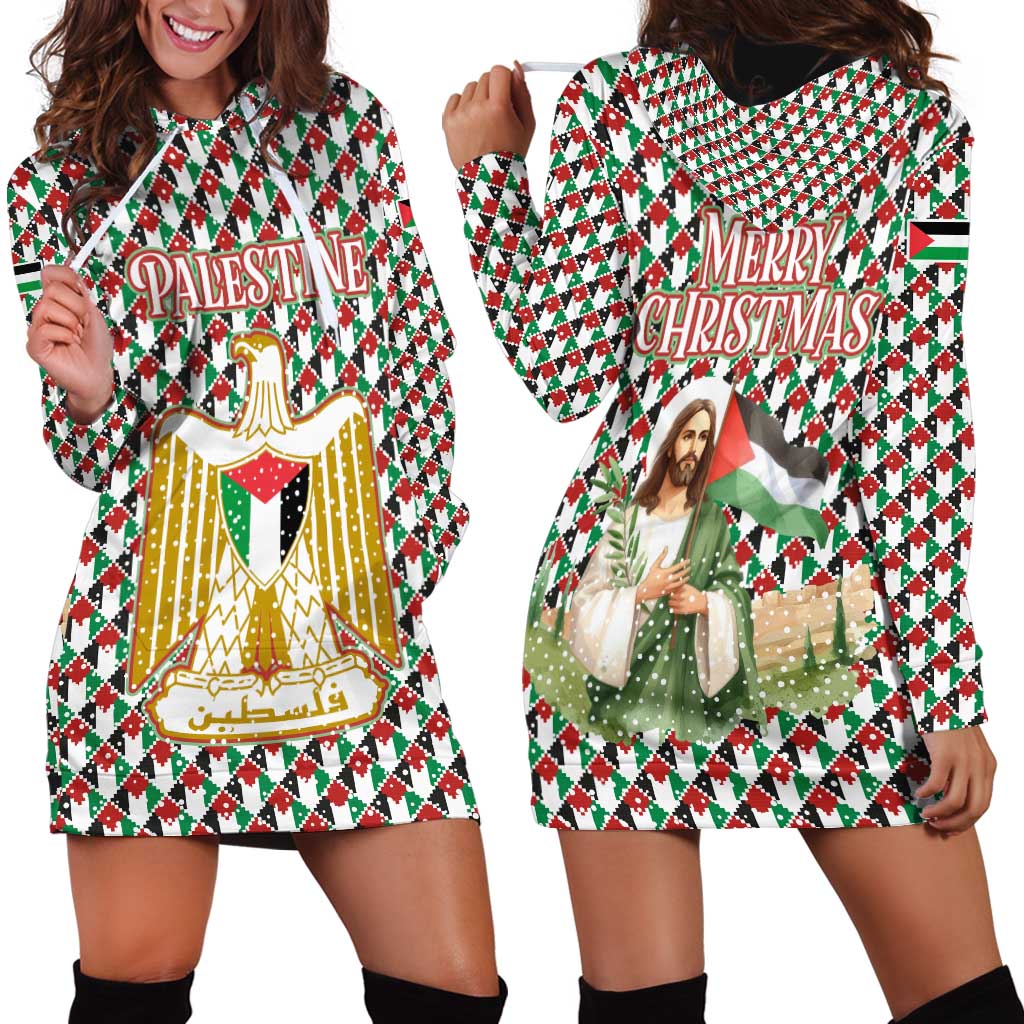 Palestine Christmas Hoodie Dress with Red-Green Pattern, Golden Eagle Emblem, and Jesus Holding Flag Motif TS04