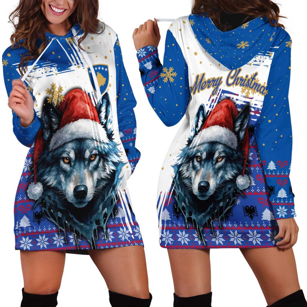 Kosovo Christmas Hoodie Dress with Santa Wolf Snowflakes Blue Pattern and National Emblem TS04