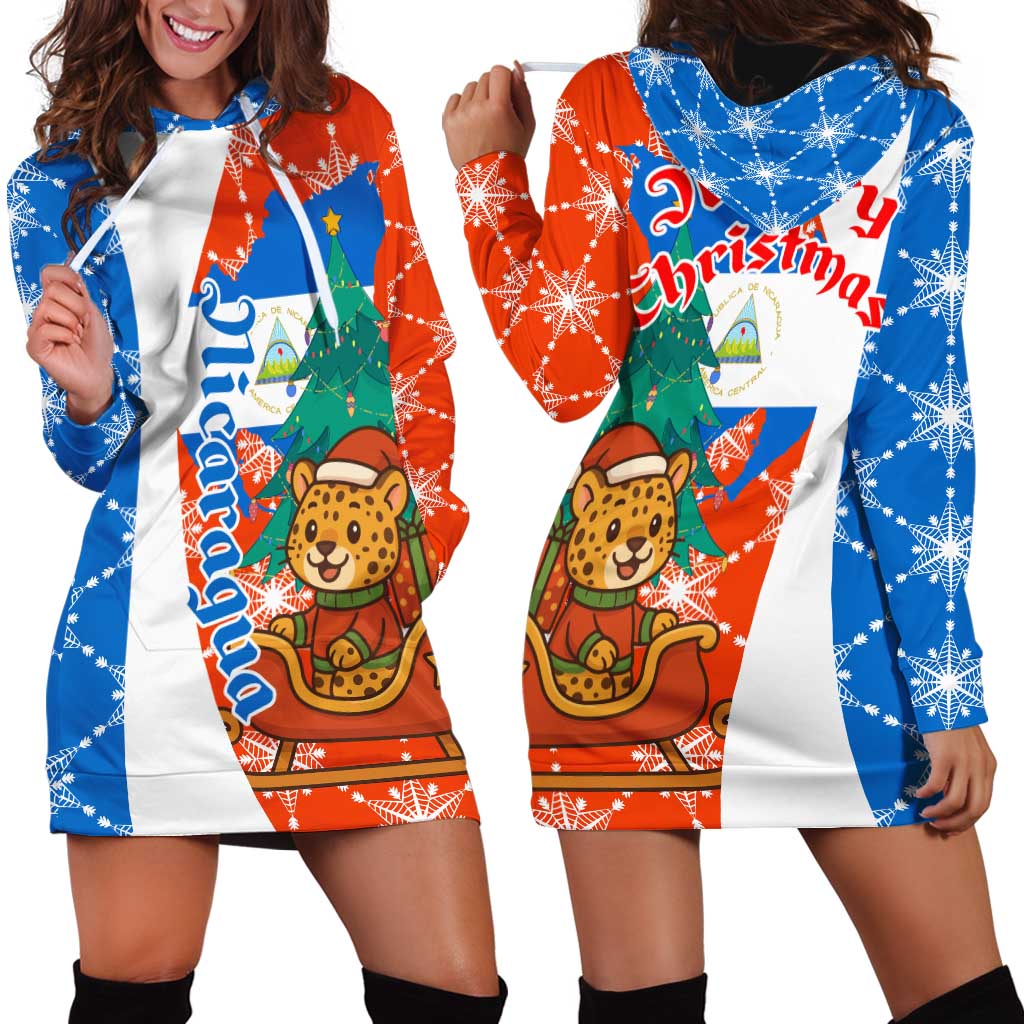 Nicaragua Christmas Hoodie Dress with Jaguar in Sleigh Christmas Tree Snowflakes and Flag Colors Design TS04