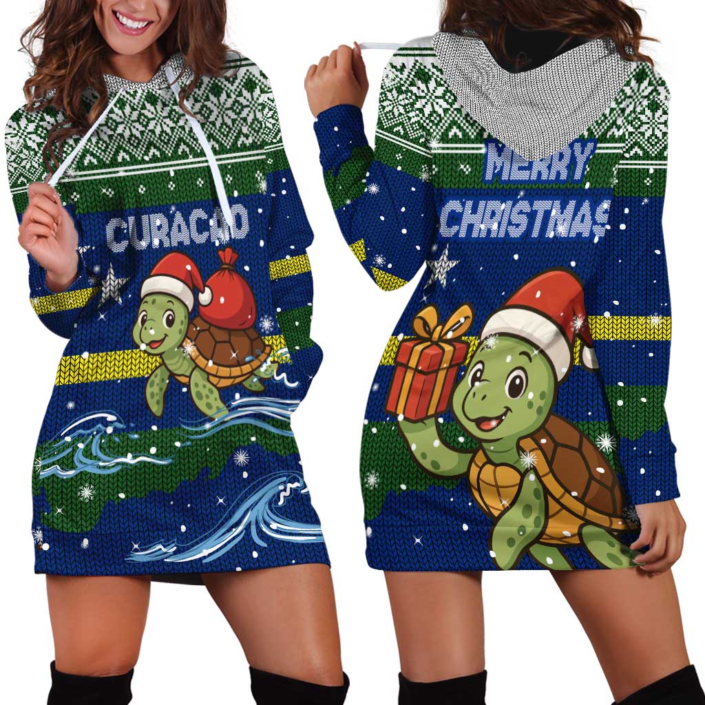 Curacao Christmas Hoodie Dress with Santa Turtle Ocean Waves Snowflakes and Holiday Gift Design TS04
