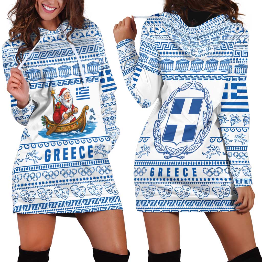 Greece Christmas Hoodie Dress with Santa Rowing Boat Greek Flag Laurel Wreath Parthenon and Blue White Pattern Design TS04
