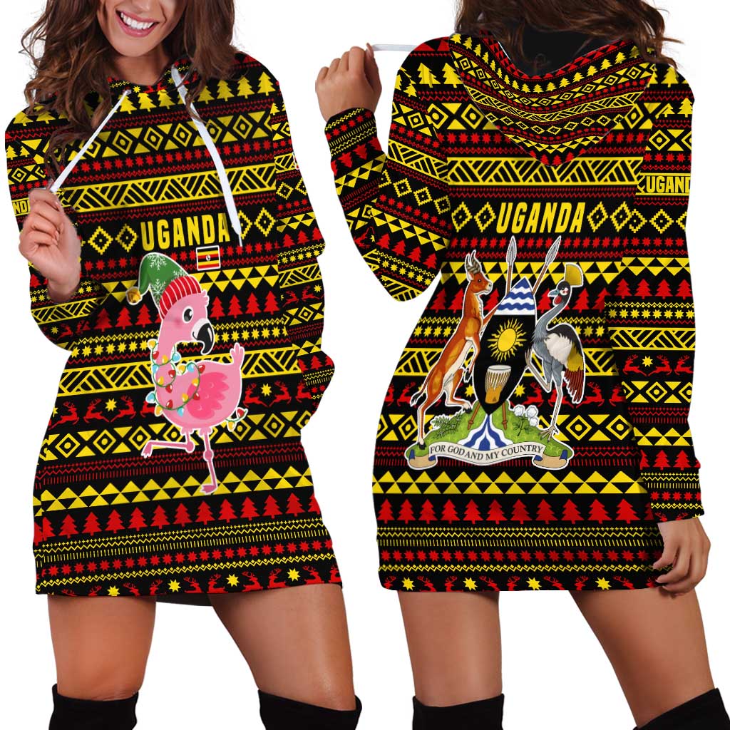 Uganda Christmas Hoodie Dress with Flamingo Lights Uganda Flag and Black Red Yellow Tribal Pattern Design TS04