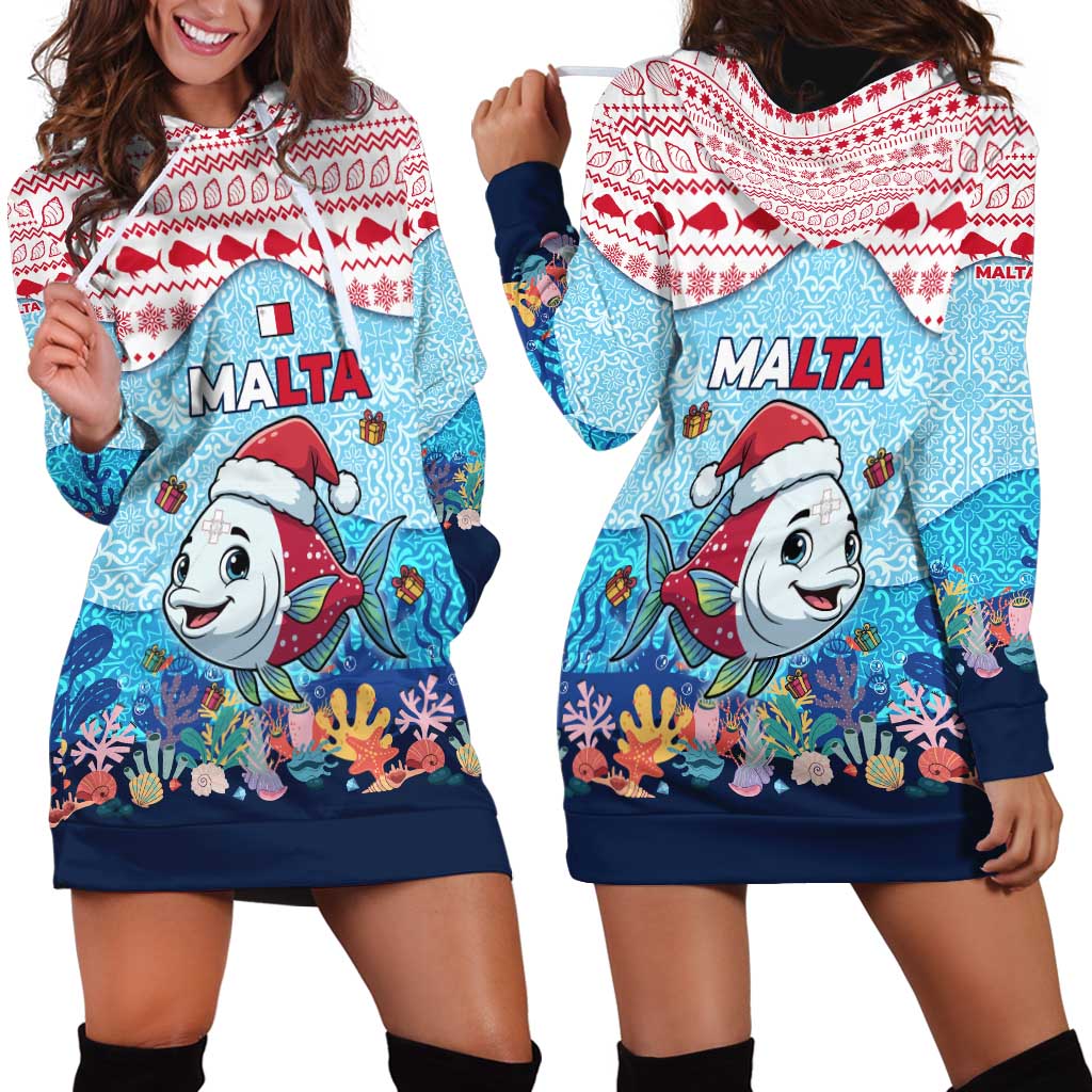 Malta Christmas Hoodie Dress with Santa Fish Malta Flag Coral Reef and Red Blue Festive Pattern Design TS04