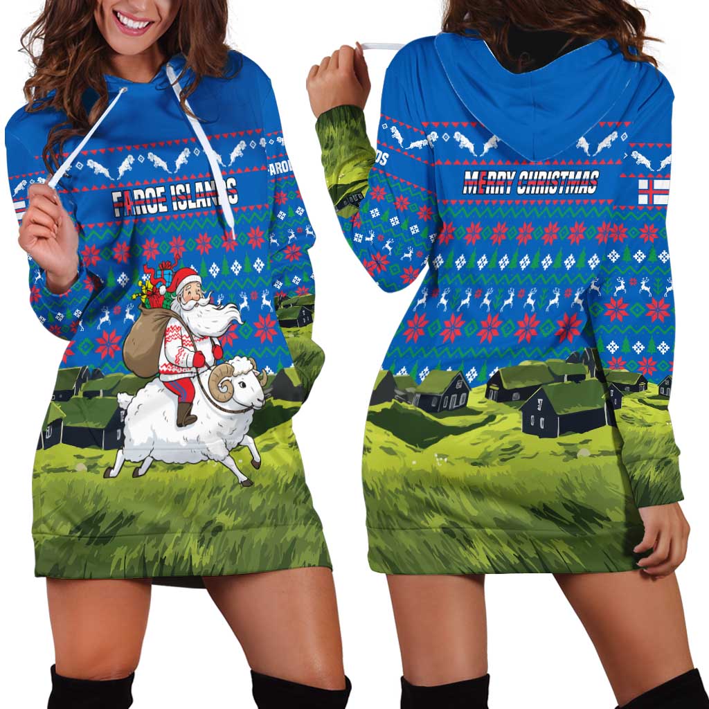 Faroe Islands Christmas Hoodie Dress with Santa Riding Sheep Grass Roof Houses and Blue Nordic Pattern Design TS04