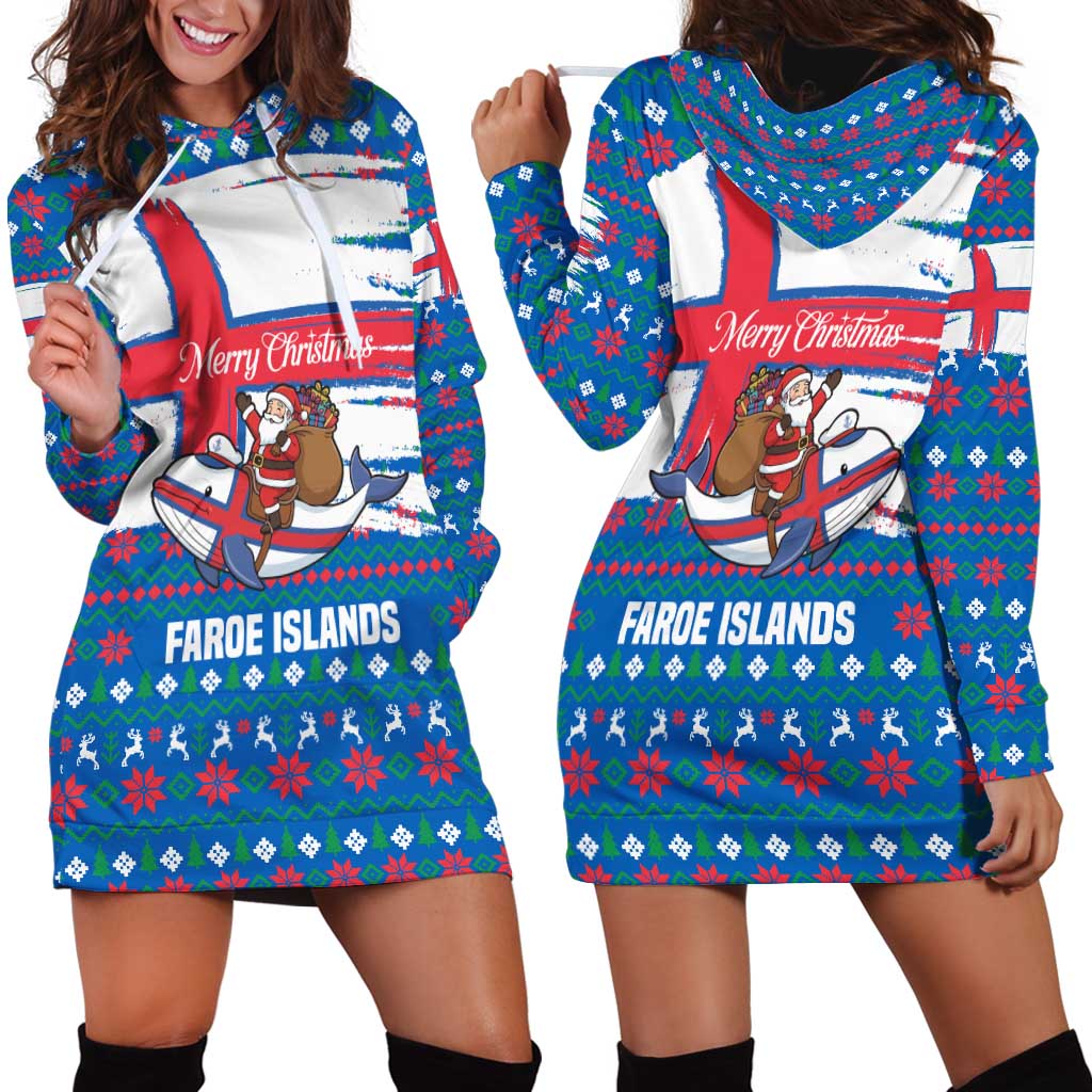 Faroe Islands Christmas Hoodie Dress with Santa Riding Whale Faroe Flag and Blue Nordic Winter Pattern Design TS04
