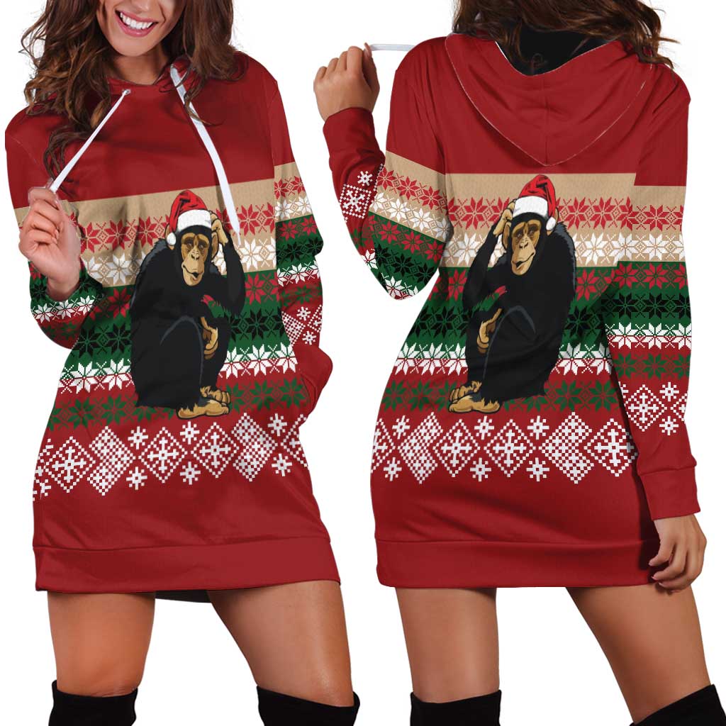 Chimpanzee Christmas Hoodie Dress Chimpanzee Wearing Santa Hat - Red Green Snowflake TS04