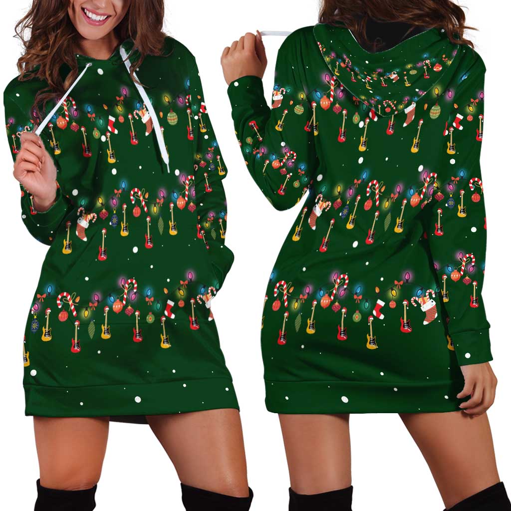 Ornaments on Green Snowy Background Hoodie Dress with Electric Guitars Santa Candy Canes TS04