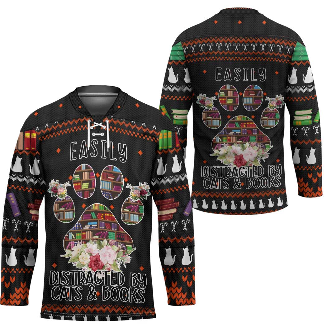 Cat And Books Christmas Hockey Jersey Xmas Holiday Patterns TS04