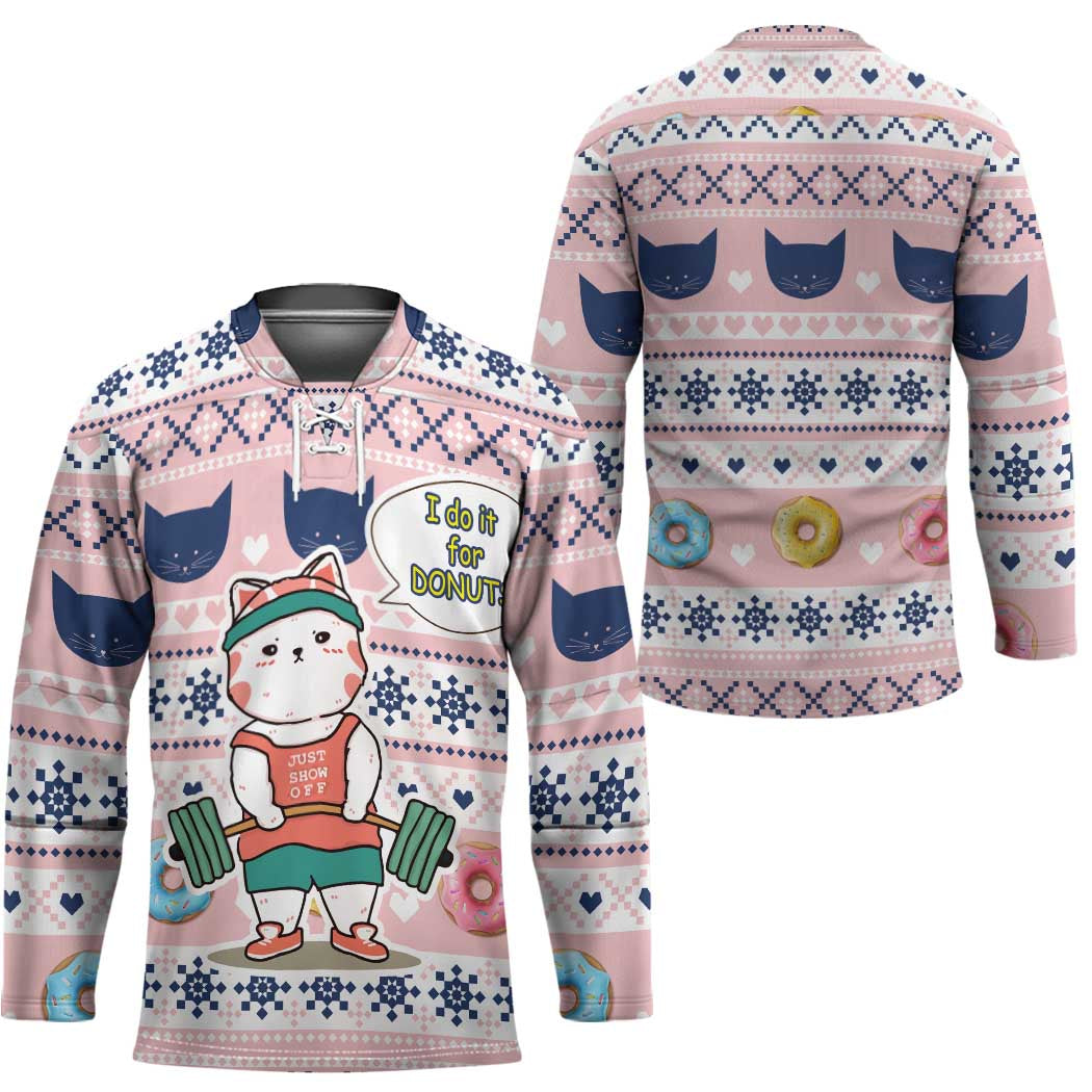 Cat I Do It For Donuts Christmas Hockey Jersey Xmas Holiday Patterns TS04