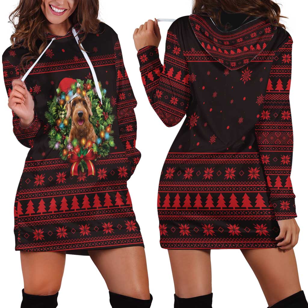 Wreath and Santa Dog in Red Hoodie Dress with Black Holiday Pattern Design TS04