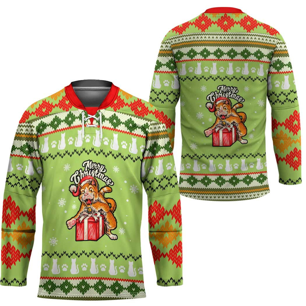Funny Cat Merry Christmas Hockey Jersey Xmas Holiday Patterns TS04