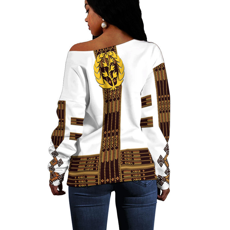 Eritrea Women Off Shoulder Sweater Fancy Simple Tibeb Style - White LT8
