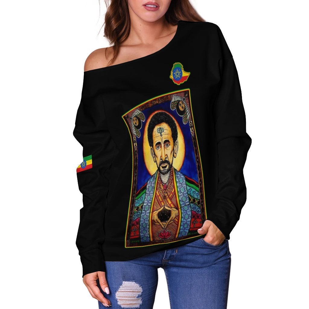 Ethiopia Proud Off Shoulder Sweater Haile Selassie I LT13