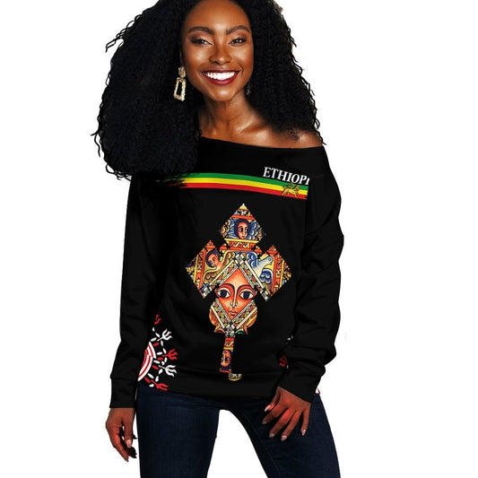 Ethiopia Off Shoulder Sweater - Ethiopian Cross LT13