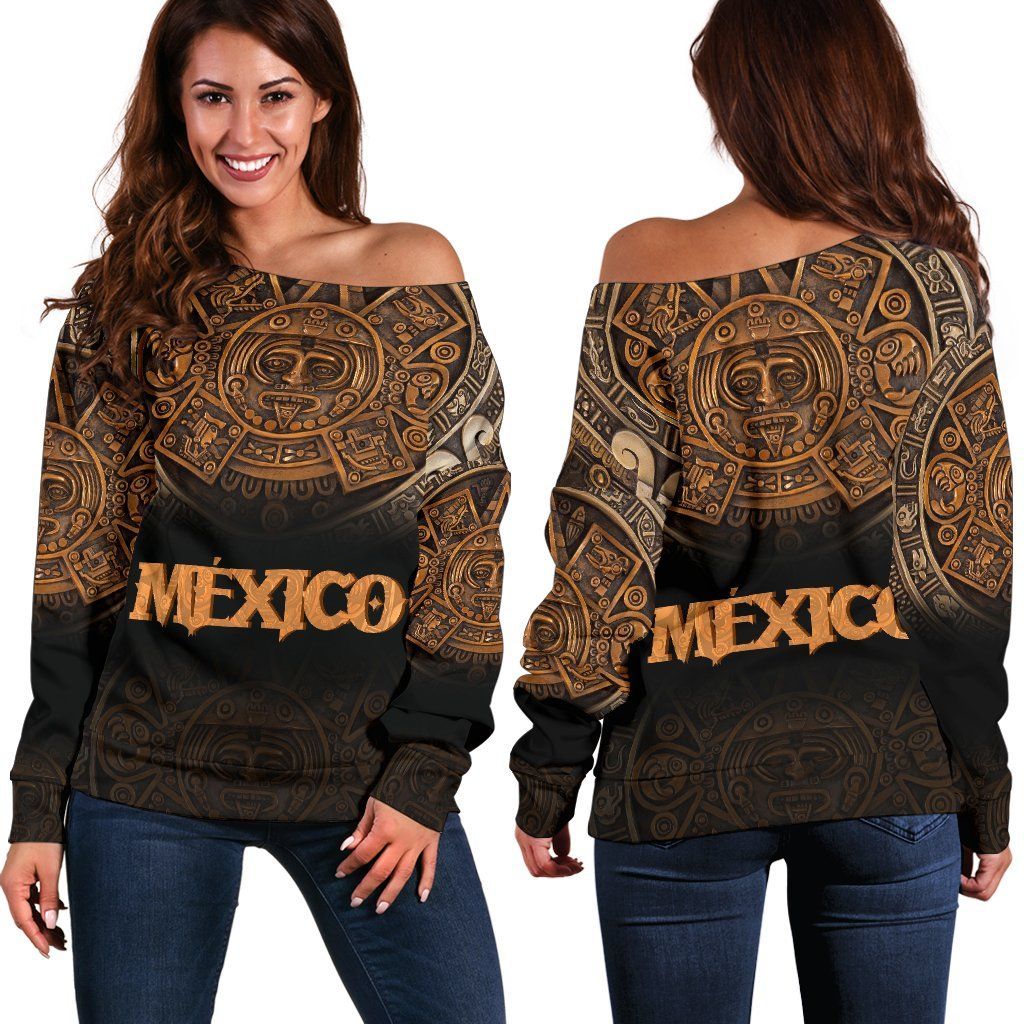 Mexico Aztec Off Shoulder Sweater, The Ancient Aztec Calendar RLT13