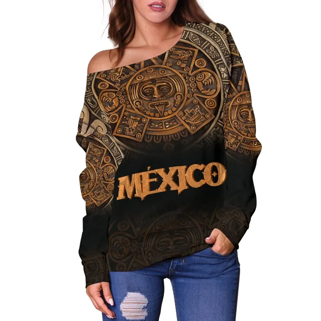 Mexico Aztec Off Shoulder Sweater, The Ancient Aztec Calendar RLT13