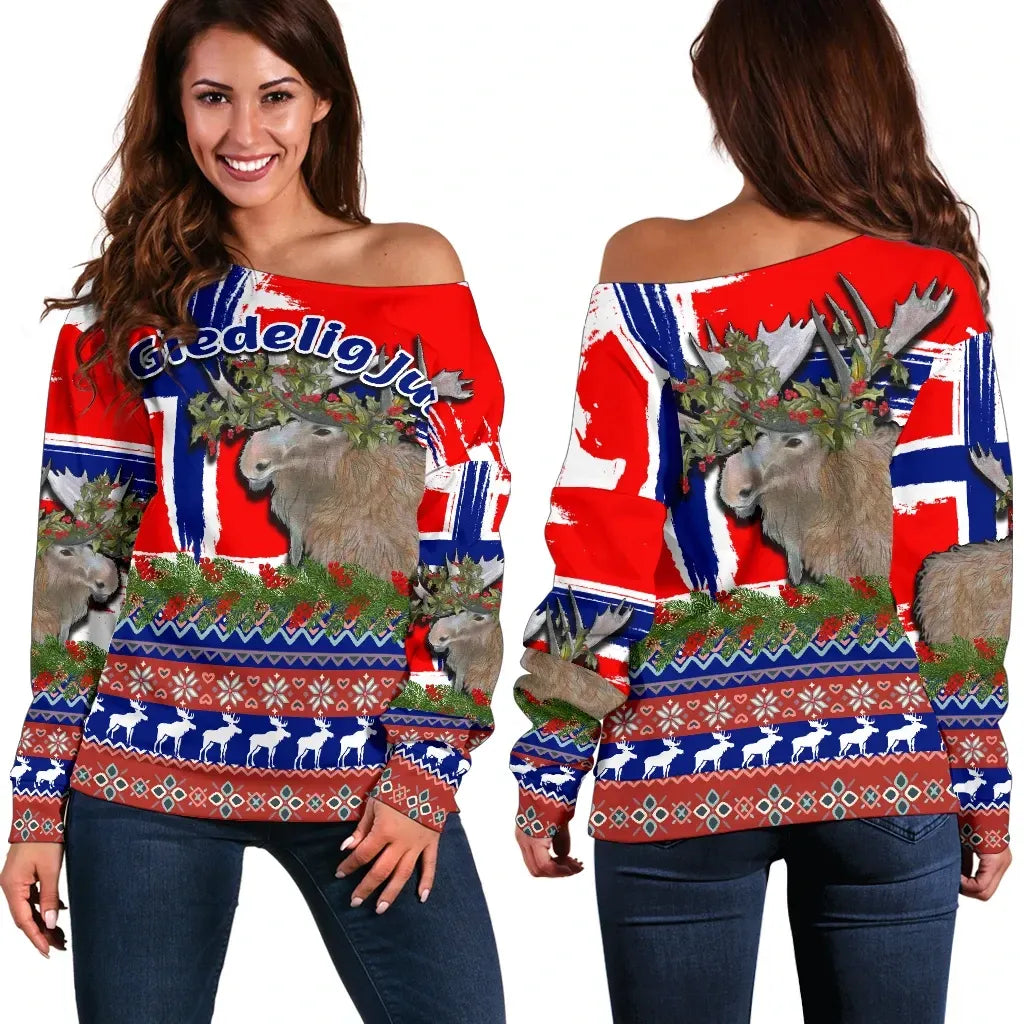 Norway Flag With Moose Christmas Women's Off Shoulder Sweater RLT7