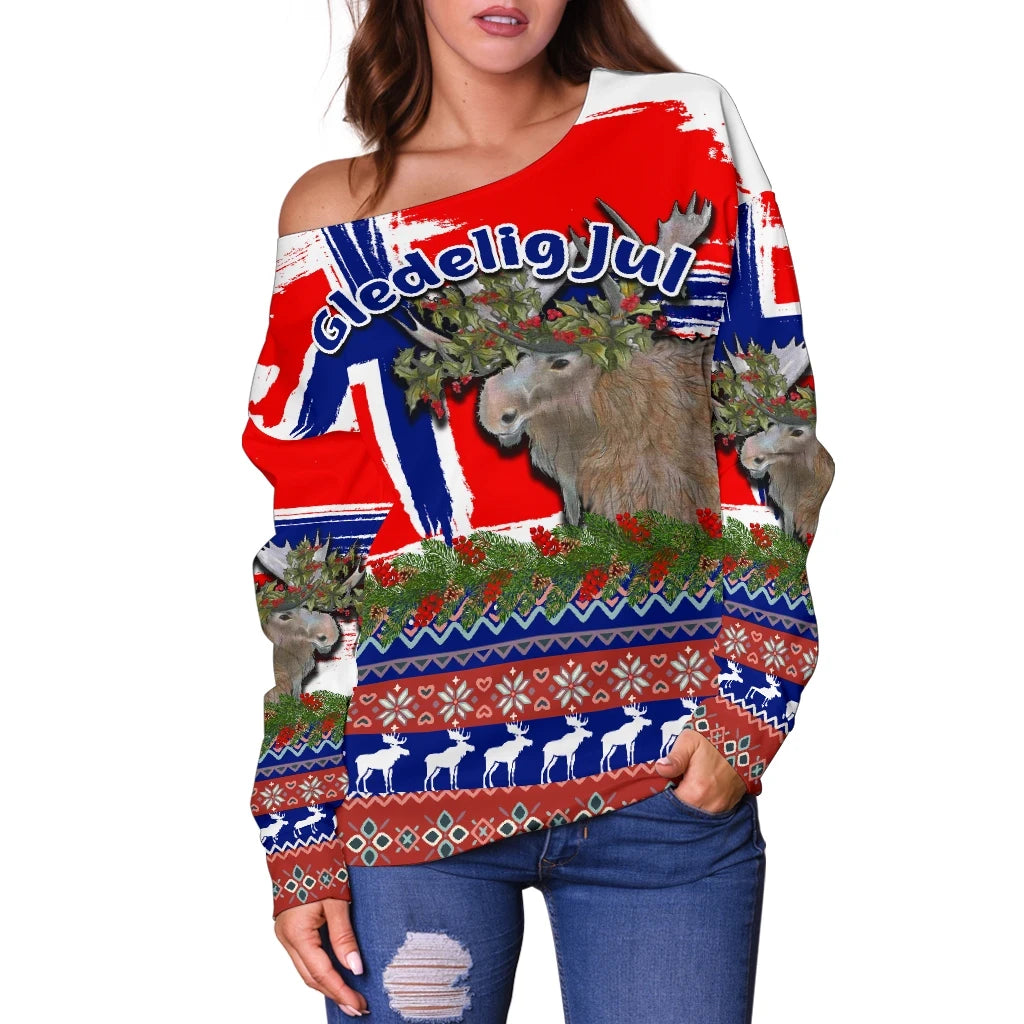 Norway Flag With Moose Christmas Women's Off Shoulder Sweater RLT7