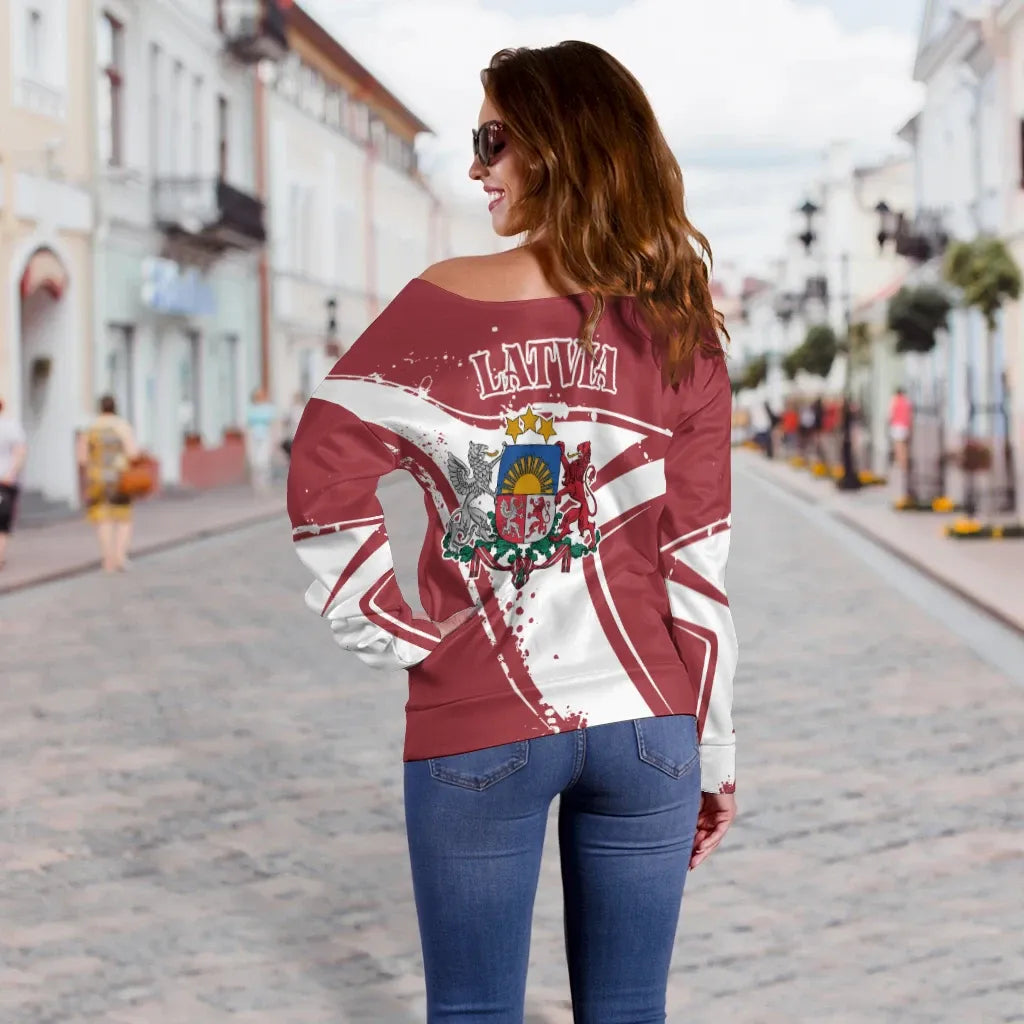 Latvia Women's Off Shoulder Sweater, Latvia Pride, RLT6