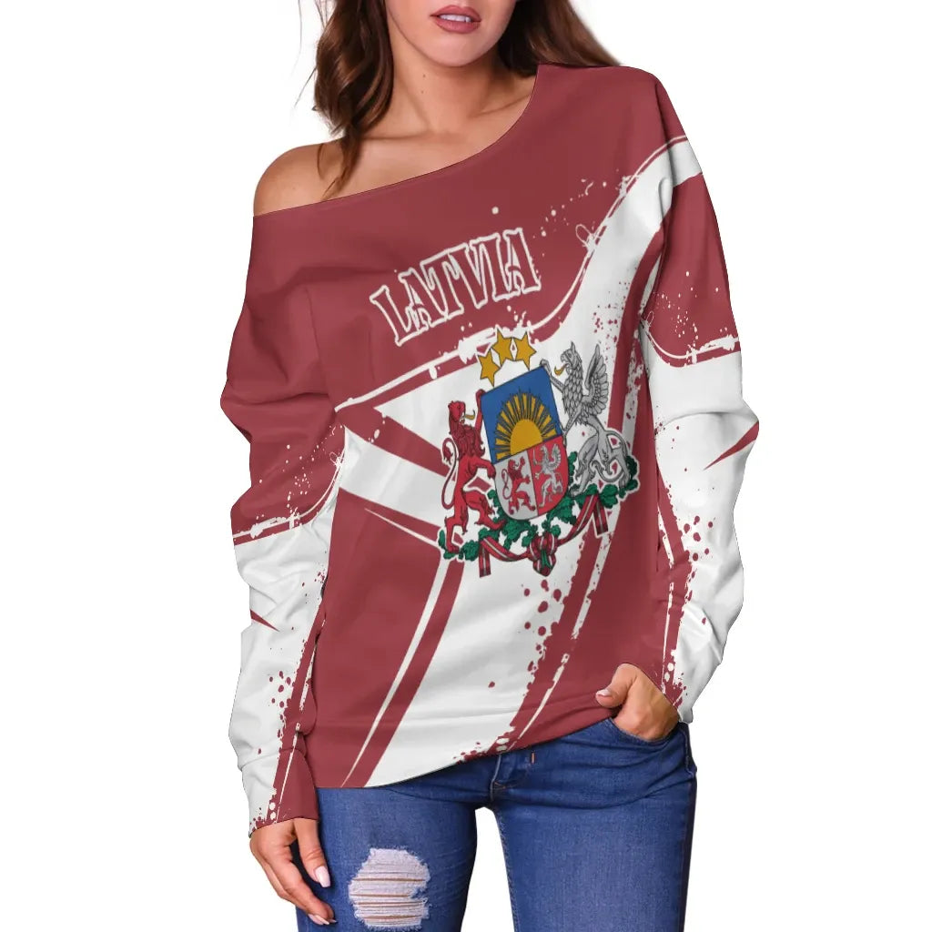 Latvia Women's Off Shoulder Sweater, Latvia Pride, RLT6