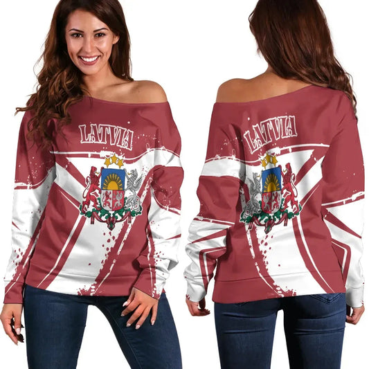 Latvia Women's Off Shoulder Sweater, Latvia Pride, RLT6