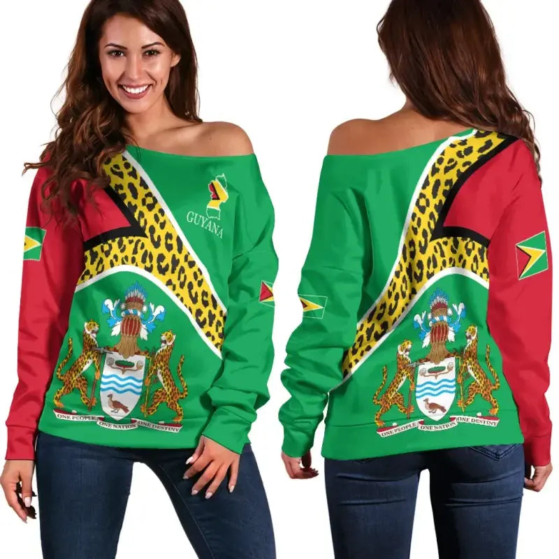 Guyana Off Shoulder Sweater Flag Map CoA Limited RLT8
