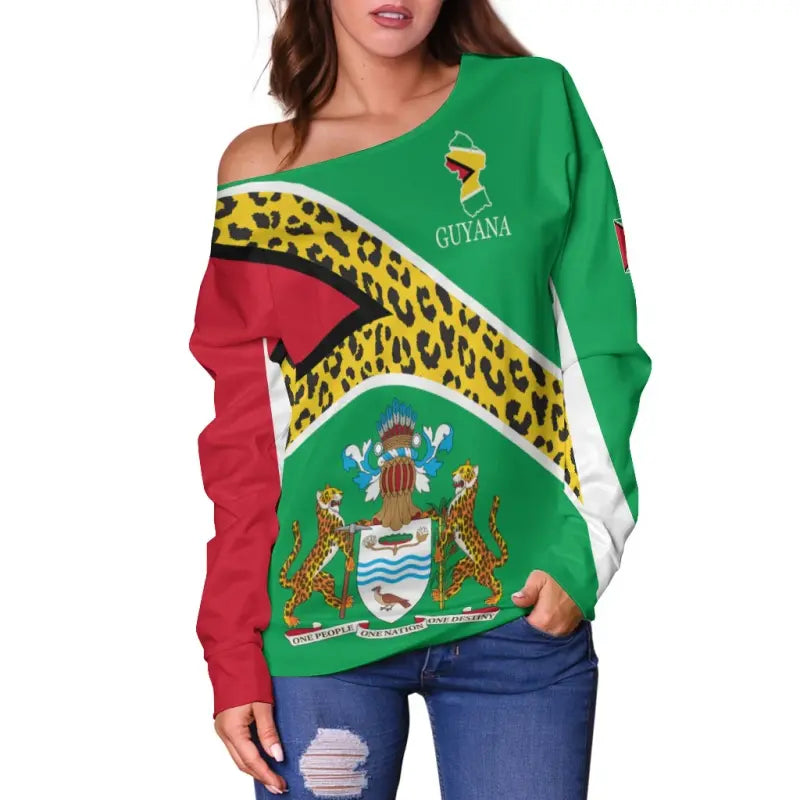 Guyana Off Shoulder Sweater Flag Map CoA Limited RLT8