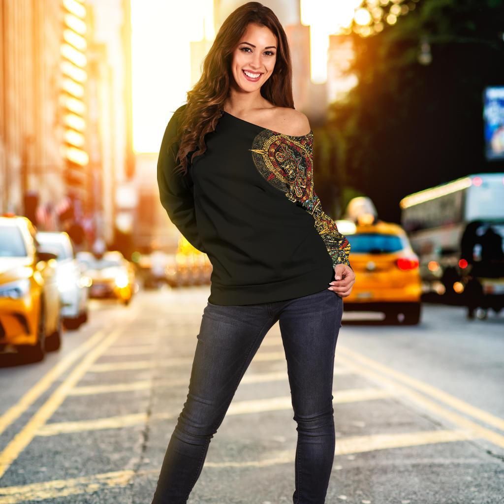 Mexico Off Shoulder Sweater Aztec Sun Stone Tattoo RLT13