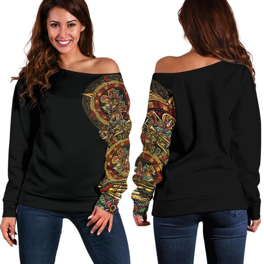 Mexico Off Shoulder Sweater Aztec Sun Stone Tattoo RLT13