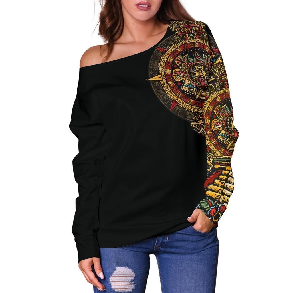 Mexico Off Shoulder Sweater Aztec Sun Stone Tattoo RLT13