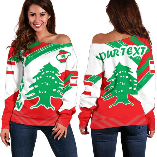 Lebanon Personalised Women's Off Shoulder Sweater, Lebanon Flag Polygon Style, RLT6