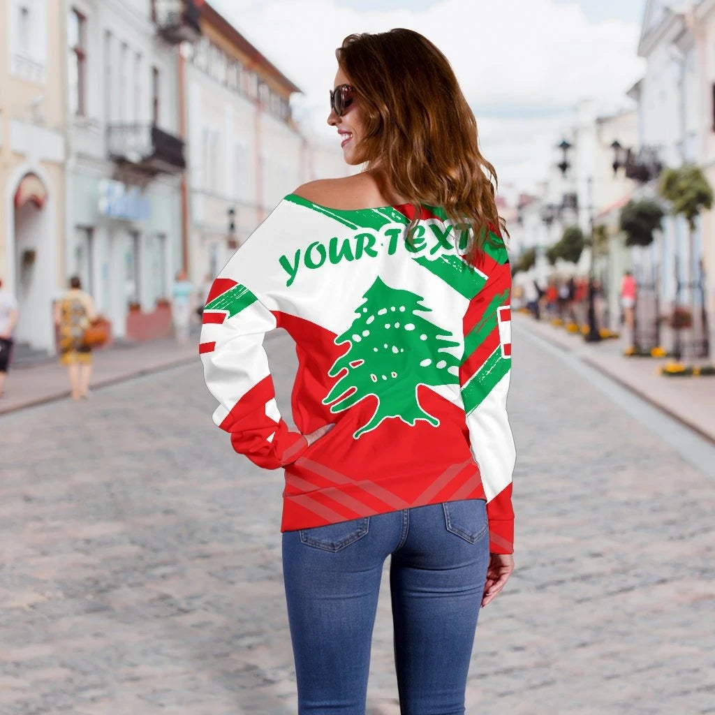Lebanon Personalised Women's Off Shoulder Sweater, Lebanon Flag Polygon Style, RLT6