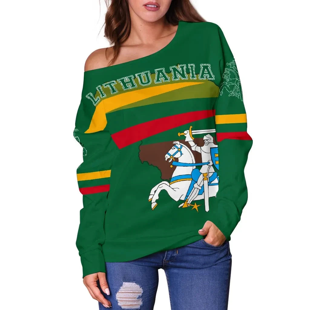 Lithuania Flag Women's Off Shoulder Sweater, Map Version RLT6