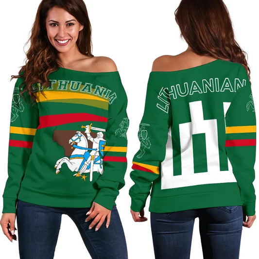 Lithuania Flag Women's Off Shoulder Sweater, Map Version RLT6