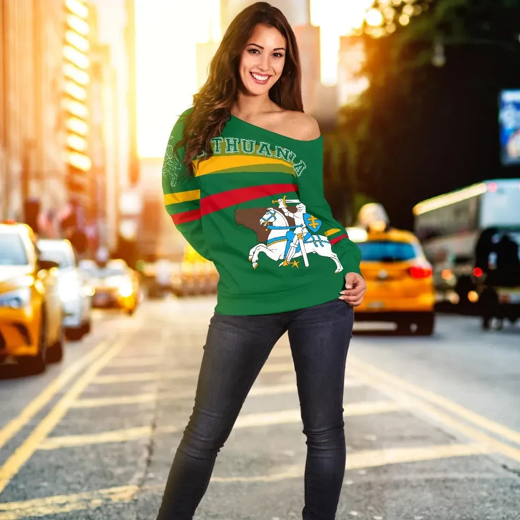 Lithuania Flag Women's Off Shoulder Sweater, Map Version RLT6