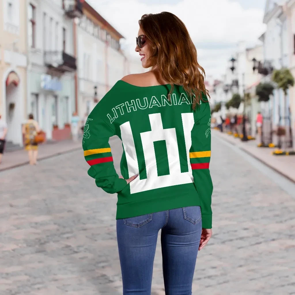 Lithuania Flag Women's Off Shoulder Sweater, Map Version RLT6