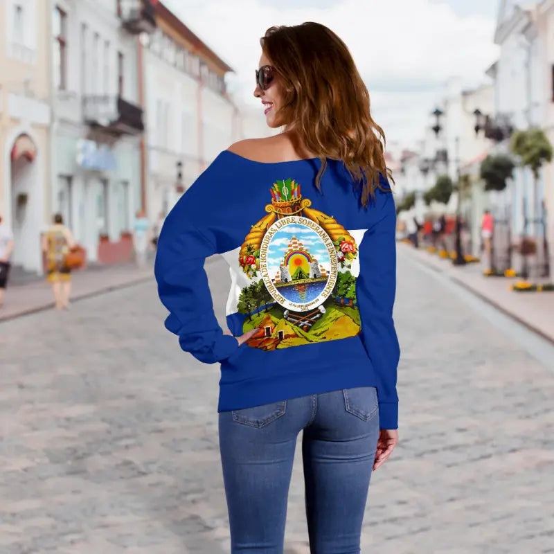 Honduras Off Shoulder Sweater Flag with Coat of Arms RLT8