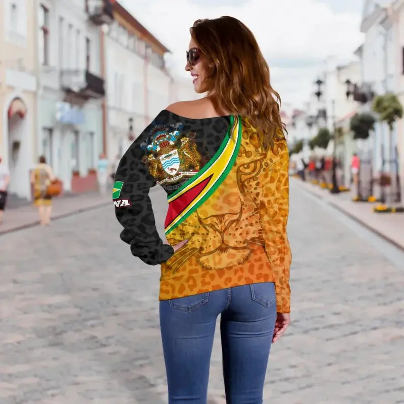 Guyana Womens Off Shoulder Sweater, Guyana Coat of Arms and Jaguar Patterns RLT8