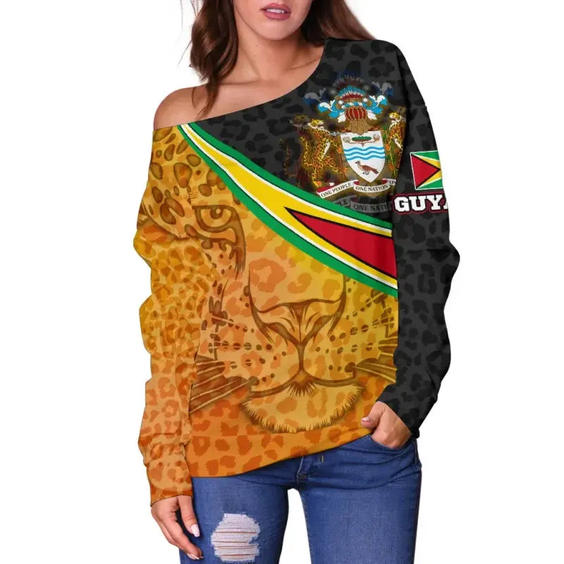 Guyana Womens Off Shoulder Sweater, Guyana Coat of Arms and Jaguar Patterns RLT8