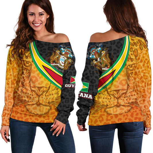 Guyana Womens Off Shoulder Sweater, Guyana Coat of Arms and Jaguar Patterns RLT8